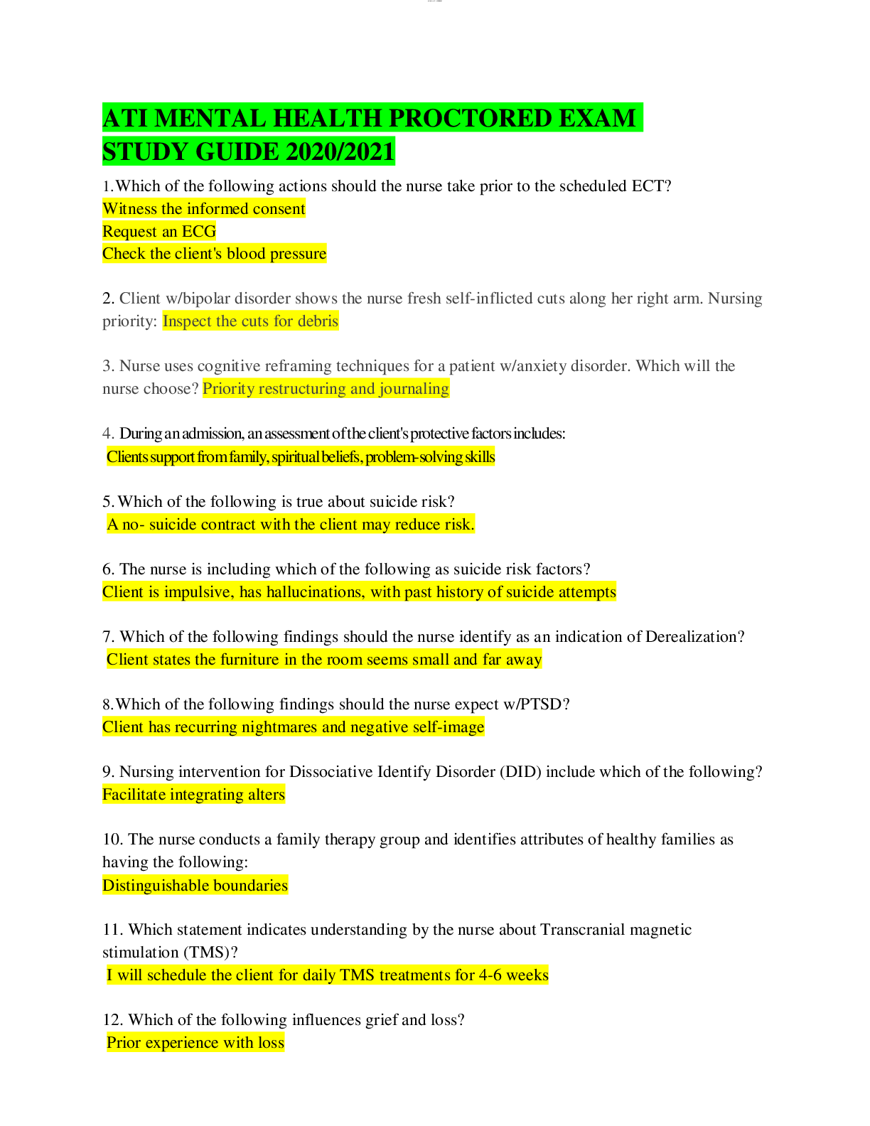 Preview of ATI MENTAL HEALTH PROCTORED EXAM STUDY GUIDE 2020/2021